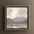 Tranquil Landscape Painting With Cloudy Sky Mountain Range Calm River And Green Grassland