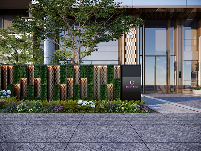 Modern Decorative Feature Wall with Green Plants and Geometric Panels at Building Entrance 3d model
