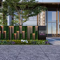 Modern Decorative Feature Wall with Green Plants and Geometric Panels at Building Entrance