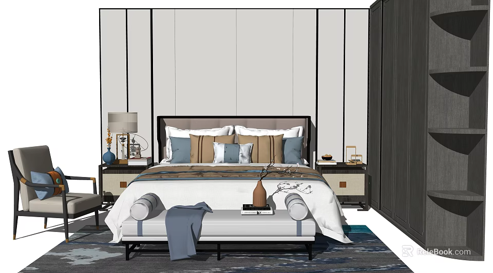 Modern Double Bed With Multiple Pillows Nightstands And Bench Decorative Items 3d model