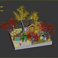 Miniature Model Scene With Red House Small Cabin Green Trees Wooden Steps And Pond