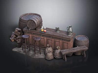 Rustic Wooden Bar Setting With Metal Jugs Fruits Stools Barrels Sacks And Wooden Bench 3d model