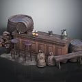 Rustic Wooden Bar Setting With Metal Jugs Fruits Stools Barrels Sacks And Wooden Bench