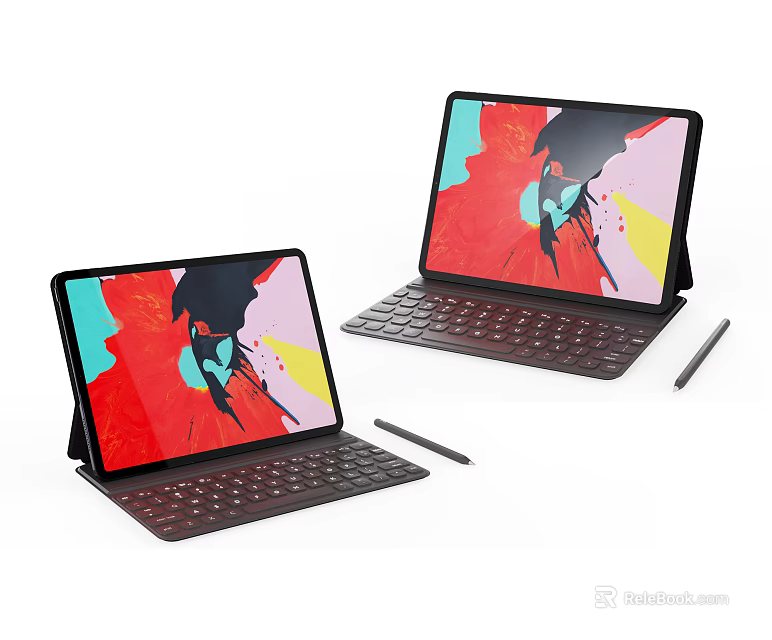Tablets with detachable keyboards styluses and colorful display screens on stands 3d model 