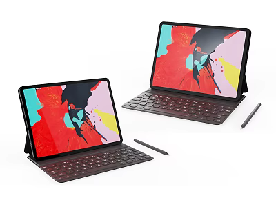 Tablets with detachable keyboards styluses and colorful display screens on stands 3d model