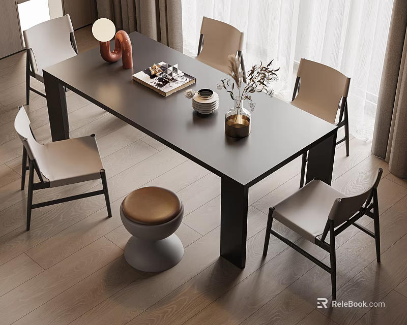 Modern Dining Table Set With Chairs Decorative Vase Books And Stool 3d model 