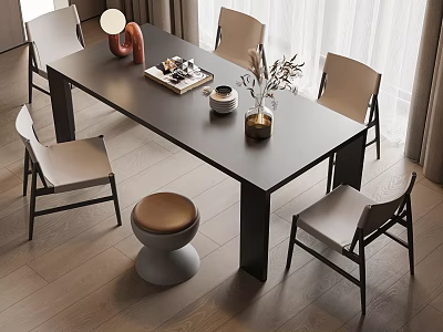Modern Dining Table Set With Chairs Decorative Vase Books And Stool 3d model