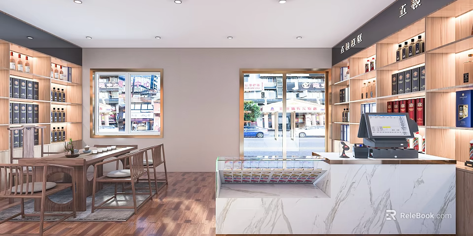 Modern Tobacco and Alcohol Store Interior With Wooden Shelves Marble Counter Tables And Chairs 3d model 