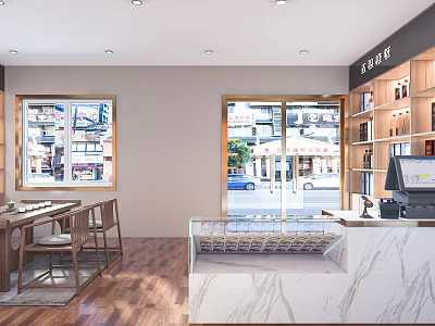 Modern Tobacco and Alcohol Store Interior With Wooden Shelves Marble Counter Tables And Chairs 3d model