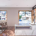 Modern Tobacco and Alcohol Store Interior With Wooden Shelves Marble Counter Tables And Chairs