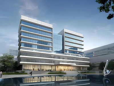 Modern Office Building With Glass Curtain Walls Multiple Floors And Water Pool Reflection 3d model
