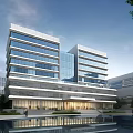Modern Office Building With Glass Curtain Walls Multiple Floors And Water Pool Reflection