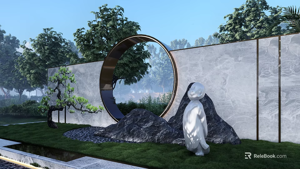 Modern Landscape Wall With Circular Metal Frame Stone Texture Green Trees And White Sculpture 3d model 