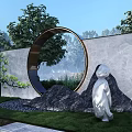 Modern Landscape Wall With Circular Metal Frame Stone Texture Green Trees And White Sculpture