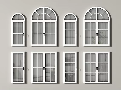 Various Casement Windows Designs With Arched And Rectangular Tops White Frames 3d model