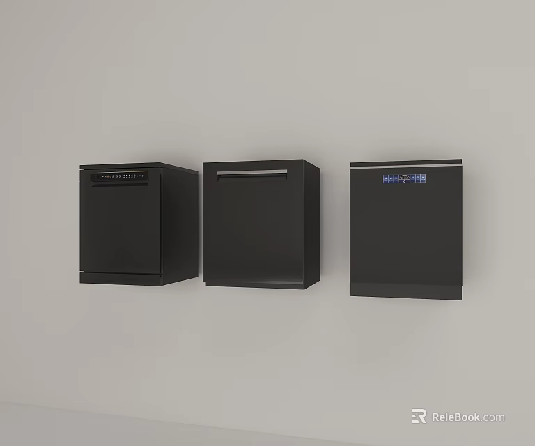 Three Black Built in Kitchen Appliances Mounted on Gray Wall 3d model 
