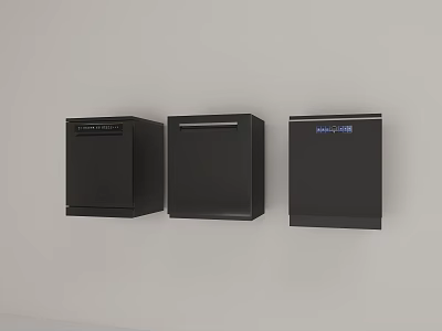 Three Black Built in Kitchen Appliances Mounted on Gray Wall 3d model