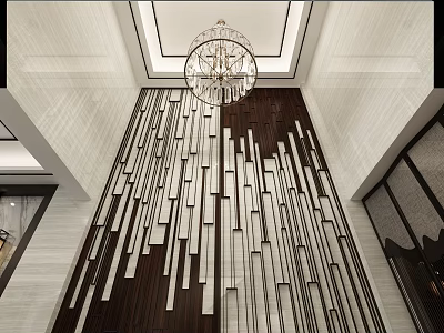 Modern Spacious High Ceiling Living Room Interior With Artistic Wooden Accent Wall And Luxury Chandelier 3d model