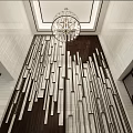 Modern Spacious High Ceiling Living Room Interior With Artistic Wooden Accent Wall And Luxury Chandelier