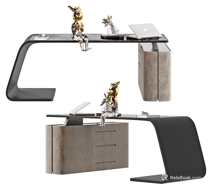 Modern Office Desk Design With Metal Frame Wooden Tabletop Storage Drawers And Decorative Figurines 3d model 