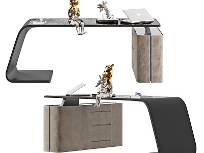 Modern Office Desk Design With Metal Frame Wooden Tabletop Storage Drawers And Decorative Figurines 3d model