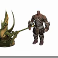 Muscular Tattooed Mythical Warrior Man In Armor Holding Giant Axe With Dragon Statue
