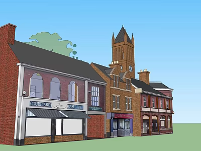 Vintage Red Brick Commercial Complex With Retail Shops Cafe And Clock Tower 3d model