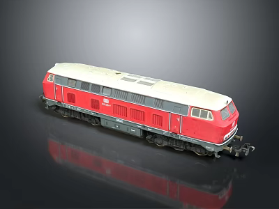 Red And White Train Model With Windows Black Wheels On Black Background Reflection 3d model