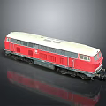 Red And White Train Model With Windows Black Wheels On Black Background Reflection