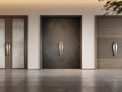 Minimalist Modern Interior Door Design with Chevron Wood Texture and Sleek Metal Handles 3d model