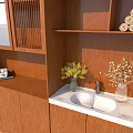 Wooden Wine Cabinet With Glass Doors Shelves Vase Plant And Books