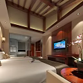 Hotel Guest Room Featuring Twin Beds Wooden Ceiling TV Patterned Carpet and Decorative Painting