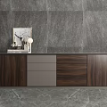 Modern Dark Wooden Entryway Console Cabinet with Drawers Doors Lamp Books and Photo Frame