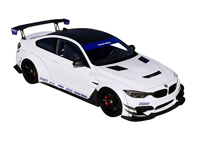 White BMW Racing Car With Black Roof Rear Spoiler And Blue Stripes 3d model