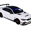 White BMW Racing Car With Black Roof Rear Spoiler And Blue Stripes