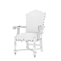 Beige Fabric Upholstered Chair Featuring Dark Wooden Arms Rivet Decorations On White Wall Wooden Floor