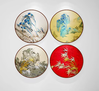 New Chinese Landscape Painting Round Soft-fitting Painting Landscape Three-dimensional Decorative Painting Model House Entrance Physical Painting Handmade Hanging Painting 3d model
