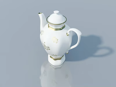 White Teapot With Gold Decorations Lid And Handle On Smooth Surface With Reflection 3d model
