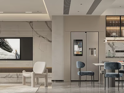 Modern Living Dining Room Interior With Marble Wall TV Backdrop Dining Table And Chairs 3d model