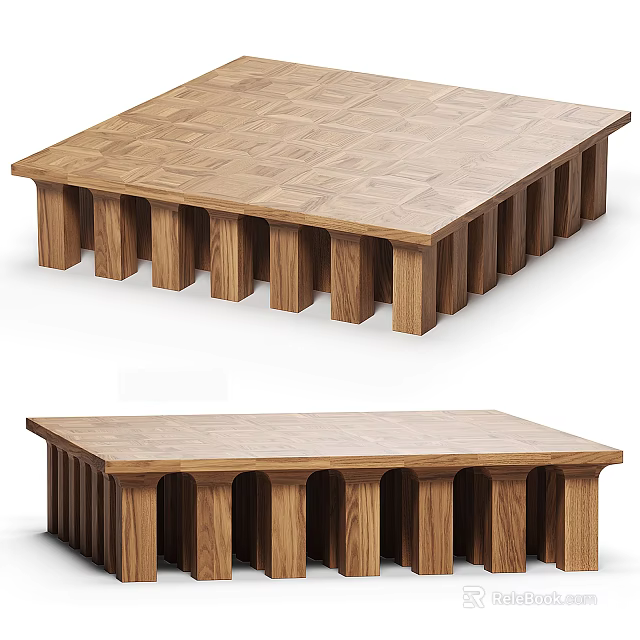 Wooden Coffee Table With Textured Tabletop And Multiple Column Legs Design 3d model