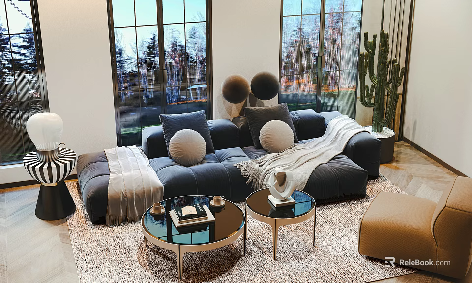 Modern Dark Gray Sofa and Coffee Table Set with Pillows Blanket Glass Top and Cactus 3d model 