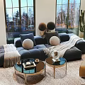 Modern Dark Gray Sofa and Coffee Table Set with Pillows Blanket Glass Top and Cactus