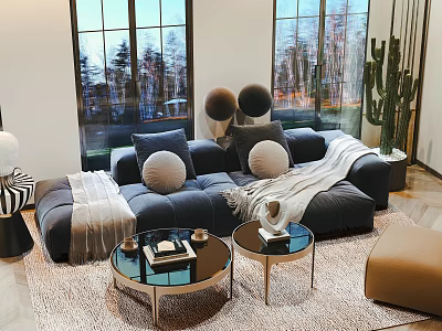 Modern Dark Gray Sofa and Coffee Table Set with Pillows Blanket Glass Top and Cactus 3d model
