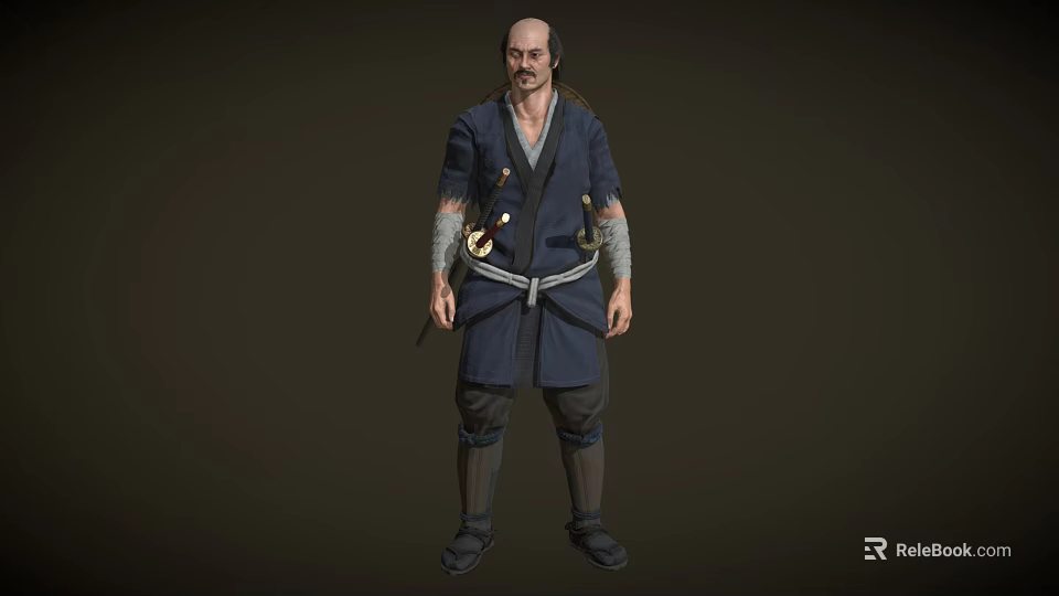 Game Movie Character In Traditional Blue Robe With Waist Belt And Leg Wraps 3d model 