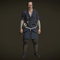 Game Movie Character In Traditional Blue Robe With Waist Belt And Leg Wraps