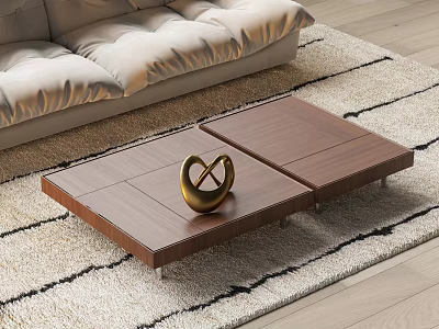 Modern Wooden Coffee Table With Gold Decor On Striped Rug In Living Room 3d model