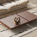 Modern Wooden Coffee Table With Gold Decor On Striped Rug In Living Room