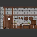 Cartoon Kitchen Interior Scene With Stone Walls Wooden Cabinets Dining Table Chairs And Fireplace