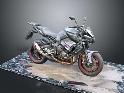 Naked Black Motorcycle With Modern Aggressive Design Red Wheels On Black And White Patterned Mat 3d model