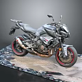 Naked Black Motorcycle With Modern Aggressive Design Red Wheels On Black And White Patterned Mat
